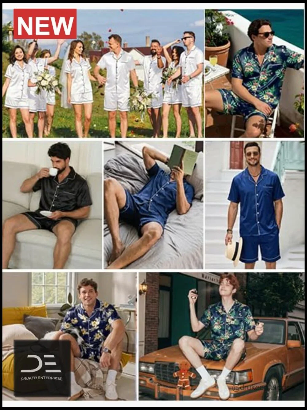 Men's Silk Satin Pajama Set Short Sleeve Button Down 2 Piece with Pockets
